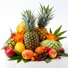 A composition of tropical fruits - pineapples, mangoes, and papayas - arranged in an enticing display - Generative AI