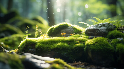 Naklejka na ściany i meble Flora Background of the forest: a heavily-detailed and real photo of moss growing on a stone, sunlight falling from behind, Canon EOS. Ideal for wallpapers, Backgrounds, and High-Quality Prints