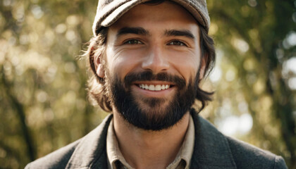 Young Handsome Man with Beard and Hat - Smiling in Soft Light