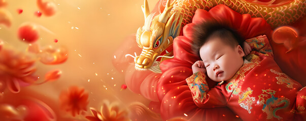 Sleeping Asian baby on bed. Chinese new year concept. - obrazy, fototapety, plakaty