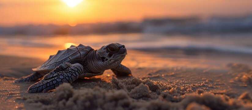 Baby loggerhead turtle at dawn