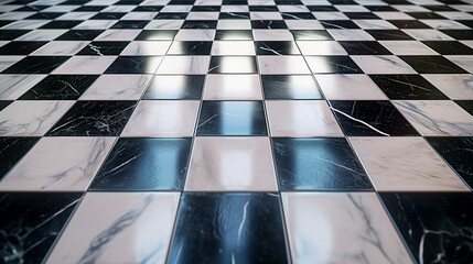 Black and white marble tiles in a checkered layout, ideal for architectural renderings and interior design mock-ups. High quality illustration