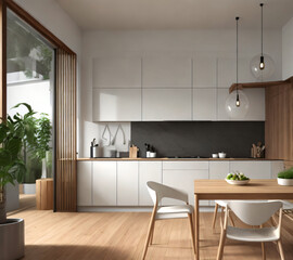 Fototapeta na wymiar Interior design of modern kitchen room with cabinet wooden dining table and chairs. generative AI