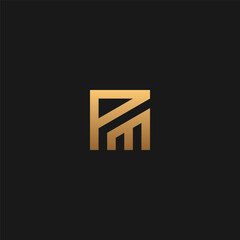 PM monogram logo in square shape with gold color.