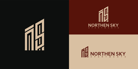 abstract initial letter N and S logo in gold color isolated in black background applied for real estate development logo design also suitable for the brand or company that has initial name NS or SN - obrazy, fototapety, plakaty