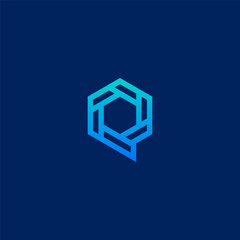 Q letter logo geometric tech style in hexagon shape - blue green color.