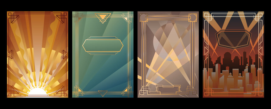Art Deco Posters Background Set, 1920s - 1930s Illustrations Templates, Retro Colors and Shapes, Art Deco Style Frames 
