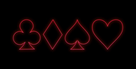 Neon colored symbols deck of cards for playing poker or black jack and casino on black background. Vector illustration.