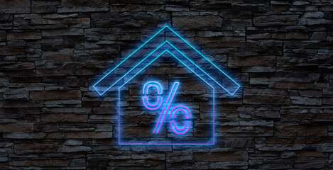 Outline neon house icon. Glowing neon home with percentage sign, house mortgage pictogram. Real...