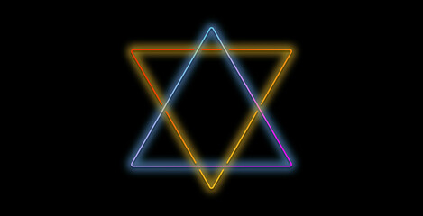 Shining golden triangle neon sign. Frame with lighting effects. Vector illustration. Space for text.