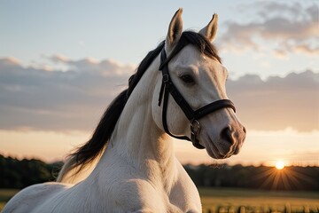 portrait of a horse in field at sunset