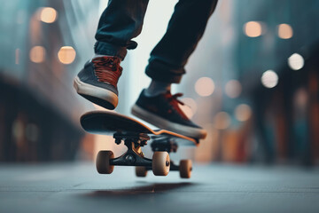 Fototapeta na wymiar Cinematic Urban Skateboarding - A dynamic, cinematic shot capturing a skateboarder in motion through an urban landscape, emphasizing movement and energy - AI Generated