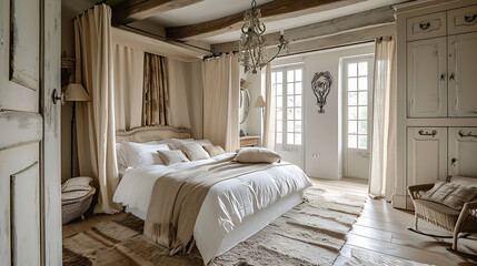 French country interior design of modern bedroom in farmhouse