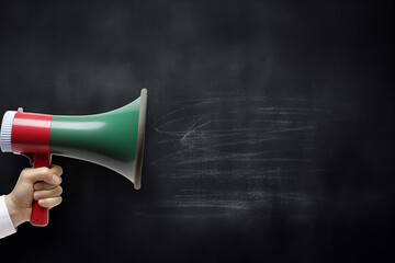 Hand holding megaphone over chalkboard background with copy space 
