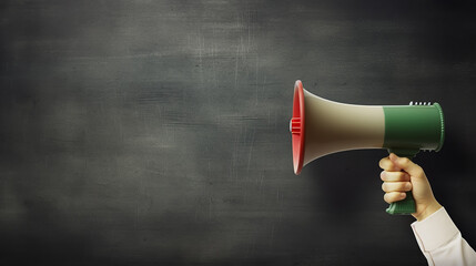 Hand holding megaphone over chalkboard background with copy space 