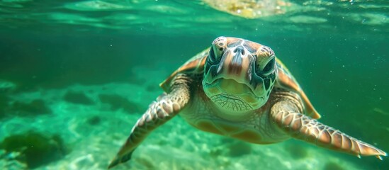 Fototapeta premium Gorgeous turtle in green waters.