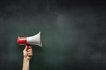 Hand holding megaphone over chalkboard background with copy space 