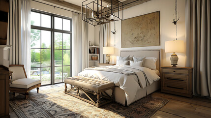 French country interior design of modern bedroom in farmhouse