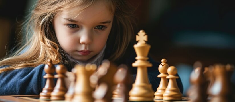 Young girl engaged in playing chess for cognitive development and intellectual stimulation.