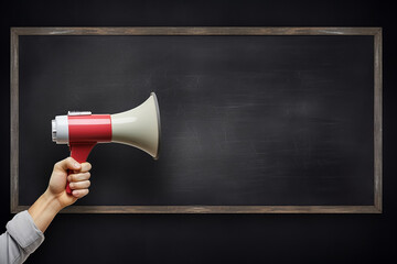 Hand holding megaphone over chalkboard background with copy space 