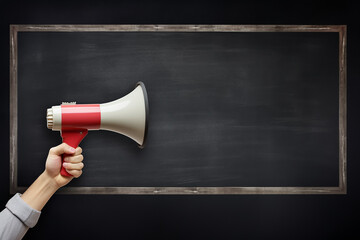 Hand holding megaphone over chalkboard background with copy space 