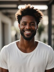 a closeup photo portrait of a handsome black afro american man smiling with clean teeth and a white t-shirt. for a dental ad. guy with beard with strong jawline with white background 4k