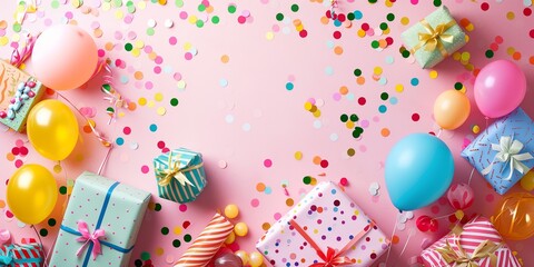 Colorful birthday gifts and balloons lay