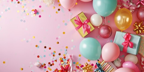 Colorful birthday gifts and balloons lay