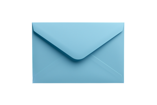 Blank light blue envelope mockup isolated on transparent background. PNG file.
