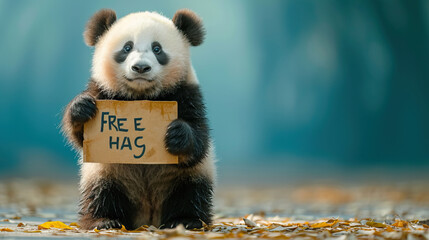 cute panda on the road with a cardboard with an inscription Free hugs, Lets Hug, banner, copy space