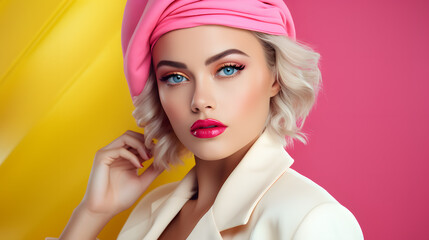 a woman with pink hat and makeup