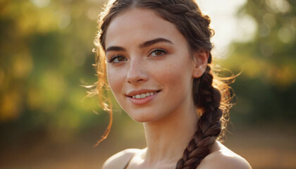 Young Woman with Freckles, Multi-colored Eyes, and Braided Hair - Playful Smile Portrait in Soft Light