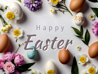 Easter holiday background with easter eggs and beautiful spring flowers