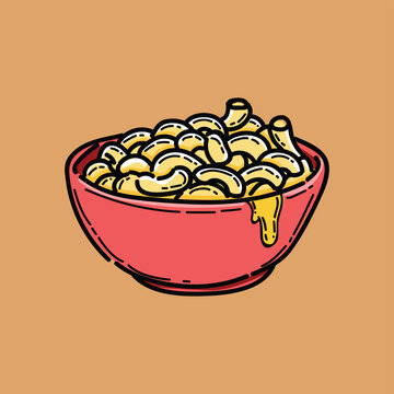 mac and cheese illustration design vector clipart in a red bowl, comfort food, breakfast, lunch, dinner, western food