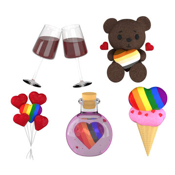 Set of isolated romantic LGBT sticker for Valentine's day 3d render with hearts, bear, glass vine, pink ice cream