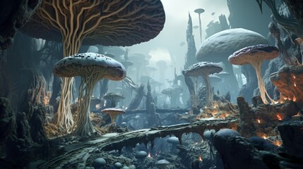 Design an alien 3D abstract landscape featuring enormous, crystalline mushrooms towering over an alien terrain.