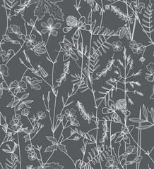 Fototapeta premium Seamless pattern. Field flowers and grasses, line drawing. Vector illustration