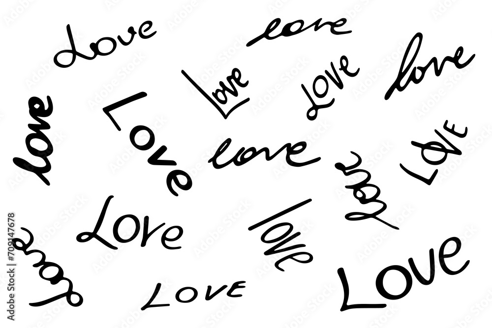 Wall mural Set of hand drawn lettering word Love. Calligraphy script love text. icon or sticker, clip art set - Wall murals