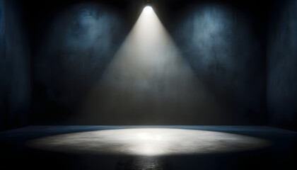 An empty stage illuminated by a single dramatic spotlight, suggesting anticipation of a performance or event - obrazy, fototapety, plakaty