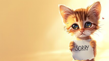 A illustration of a sad kitten holds white piece of paper with the words "SORRY" written on it. Emotion of repentance, asks for forgiveness, sad crying big eyes