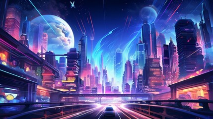 Generate a futuristic 3D abstract metropolis with hovering vehicles and holographic billboards, set...