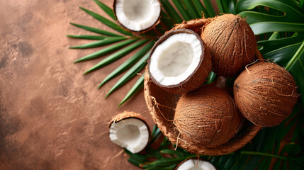 Fototapeta na wymiar Fresh coconuts on a Studio background, creative flat lay healthy food concept, Free Copy Space