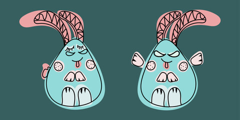Colorful Doodle two Happy Easter bunnies: kind and angry. Editable stroke. Vector multicolored hand drawn illustration in black, blue, pink colors for cards, business. Isolated on green background