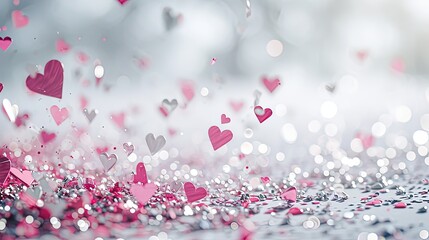 Arial Heart shaped bokeh, blurred background romance Valentine's Day. White, pink and silver colors