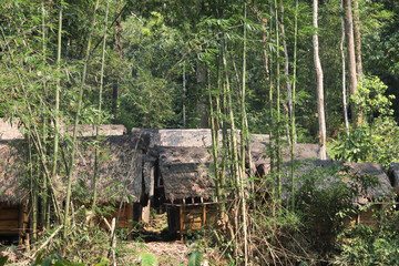 traditional Baduy rice storage construction called leuit. made of wood, bamboo booths and roofed with sago leaves and palm fiber