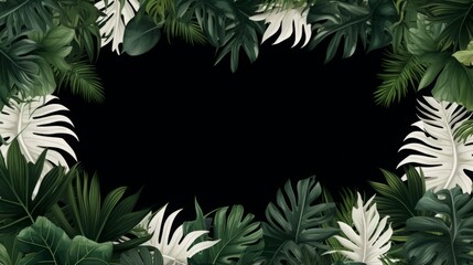 Against a black background, a white-framed display highlights the natural backdrop of a jungle plant's tropical leaves.