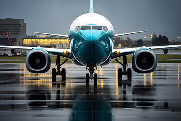 a blue airplane on a wet runway