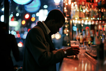 A man in a suit jacket is standing at a bar, looking down at his drink, with a backdrop of out-of-focus city lights and bar shelves