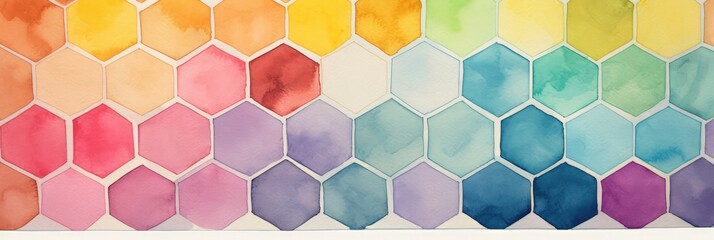 Watercolor painting patterns, bright colors, symmetrical, simple hexagon tiles