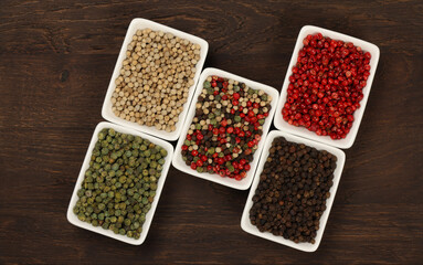 Bowls of assorted peppercorns